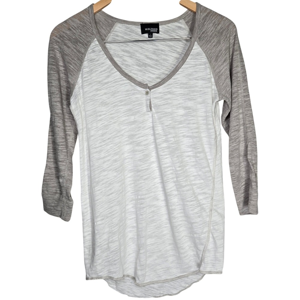 Wilfred Free Women's Gray White Baseball Tee Top Henley Size S 3/4 Sleeve‎